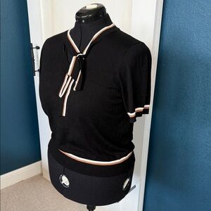 Adrianna Papell Black Knit Tie-Neck Top with Cream & Rust Trim